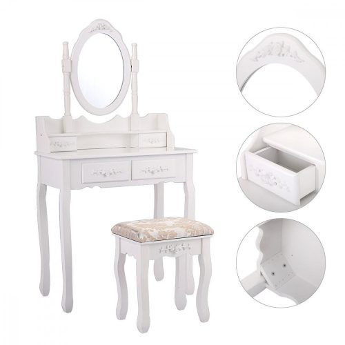 Măsuță de toaletă, cu oglindă ovală, 4 sertare și taburet, Alb 