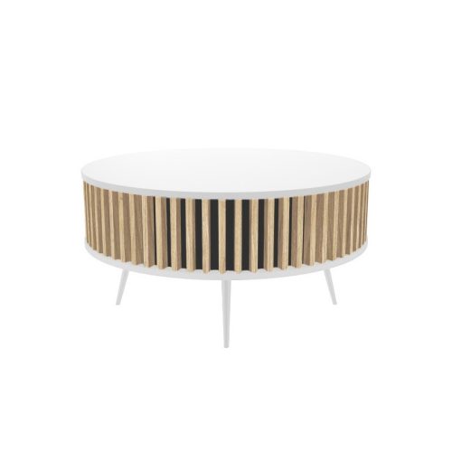 Drohmo MIX Ronda, masă cafea modernă rotundă, alb - stejar