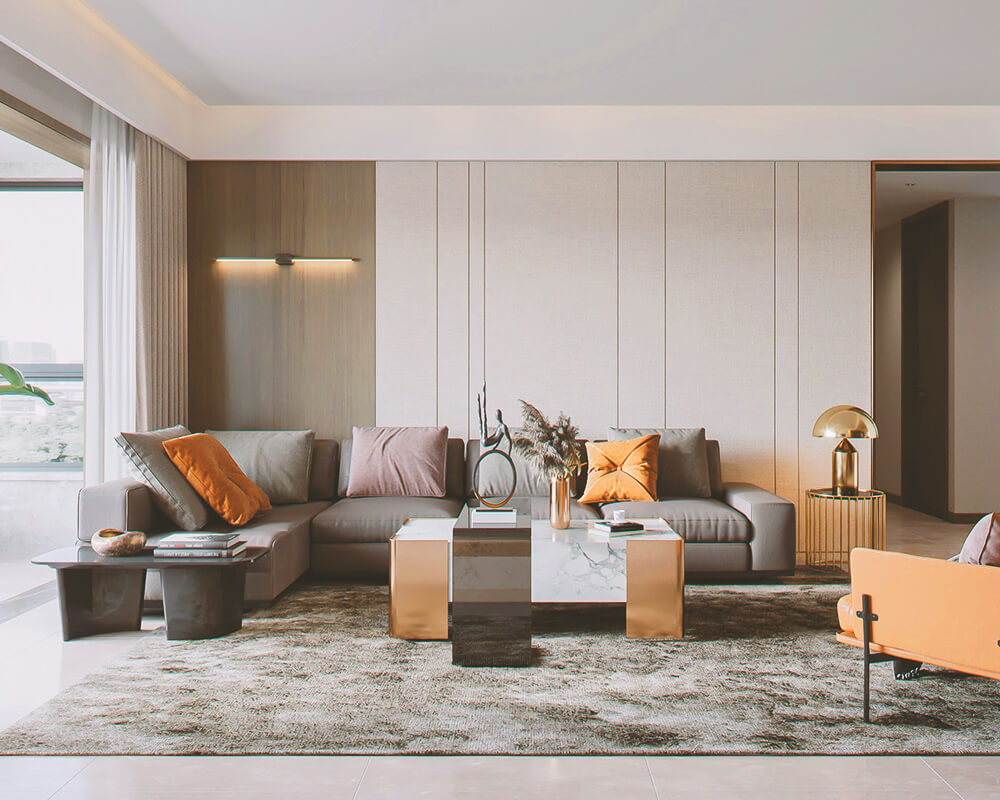 szürke színű kétszemélyes kanapé a nappaliban