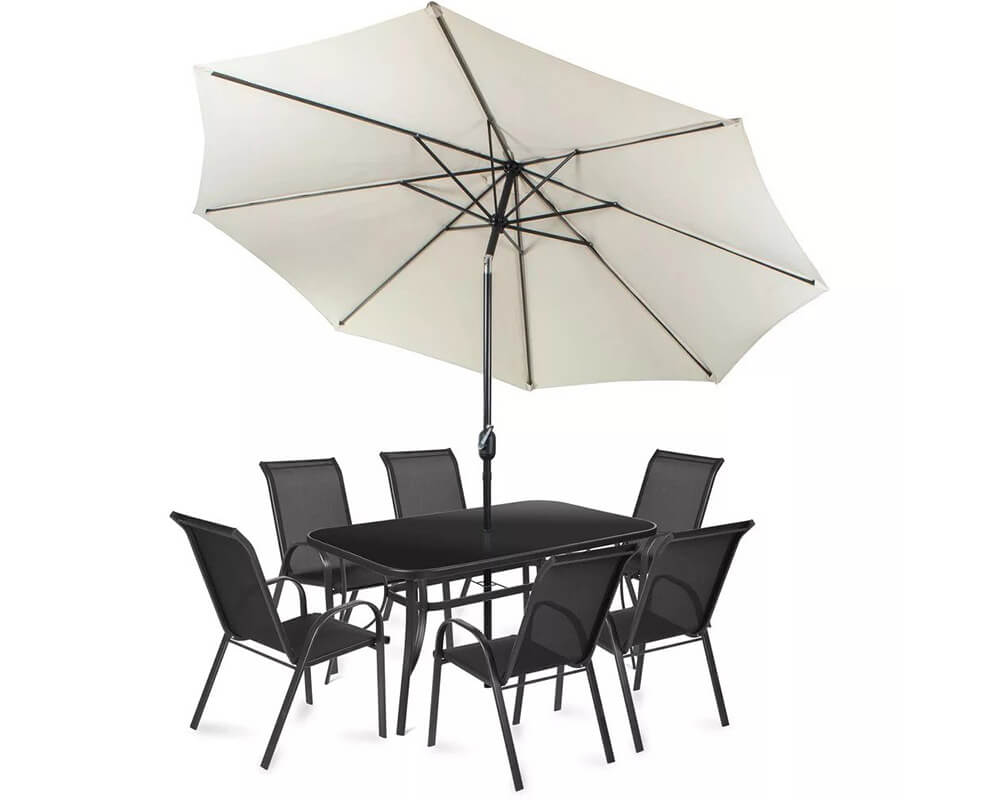 set mobilier de gradina cadru metalic cu umbrela de soare rotativa